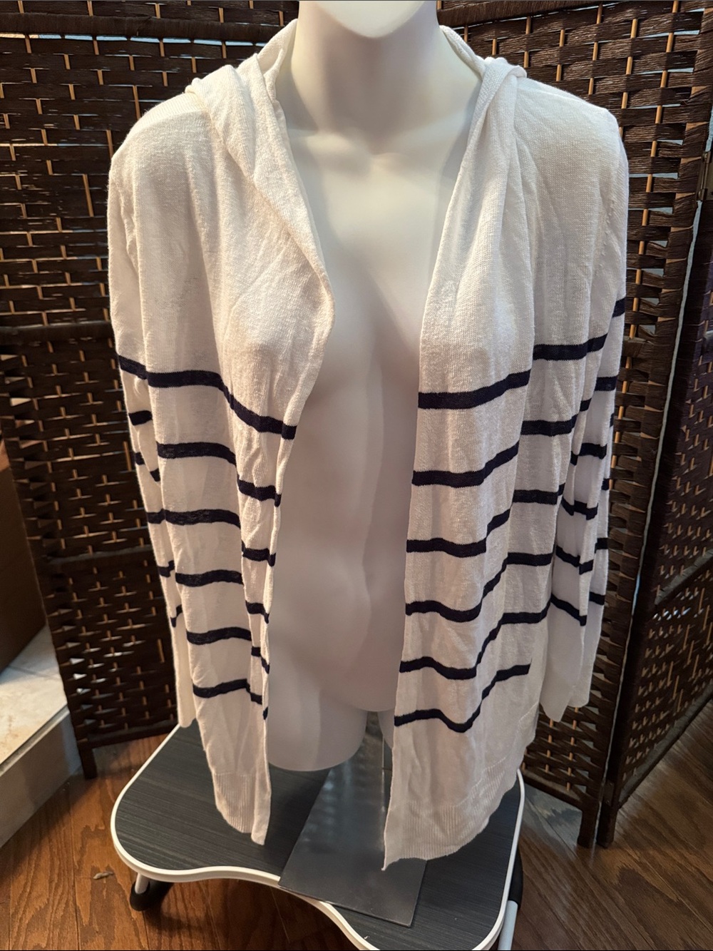 Cynthia Rowley white Hooded Open Cardigan with blue Stripes linen blend medium